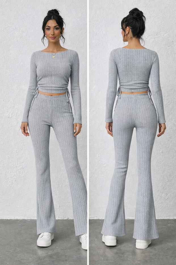 Corded Fabric Knit Asymmetrical Blouse and Flared Trousers Set, Knit Light Gray Two-Piece Set