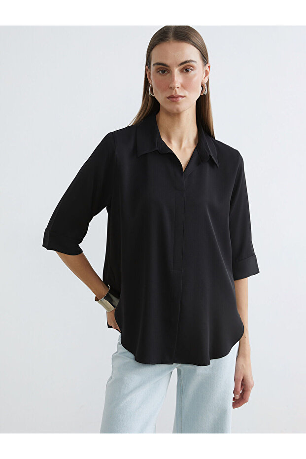 Black Shirt Collar Satin Blouse (S6)