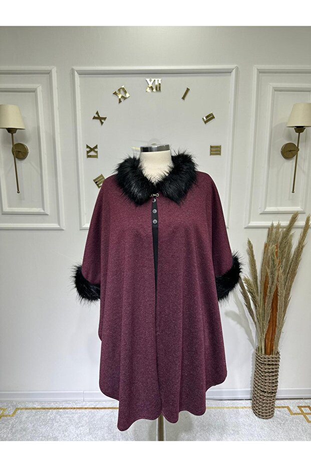 Solid Color Women's Poncho with Fur Detail on the Collar and Sleeves