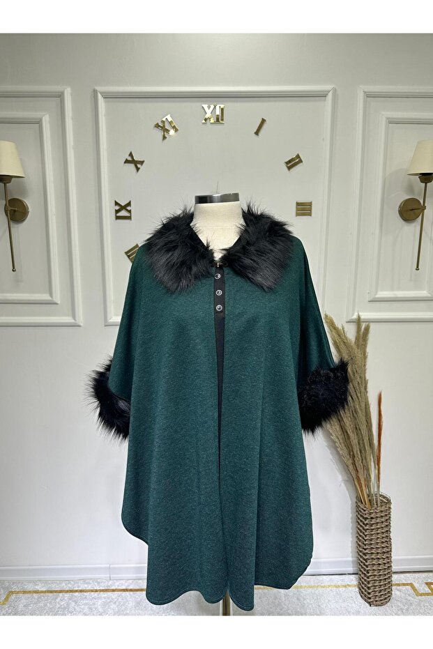 Solid Color Women's Poncho with Fur Detail on the Collar and Sleeves