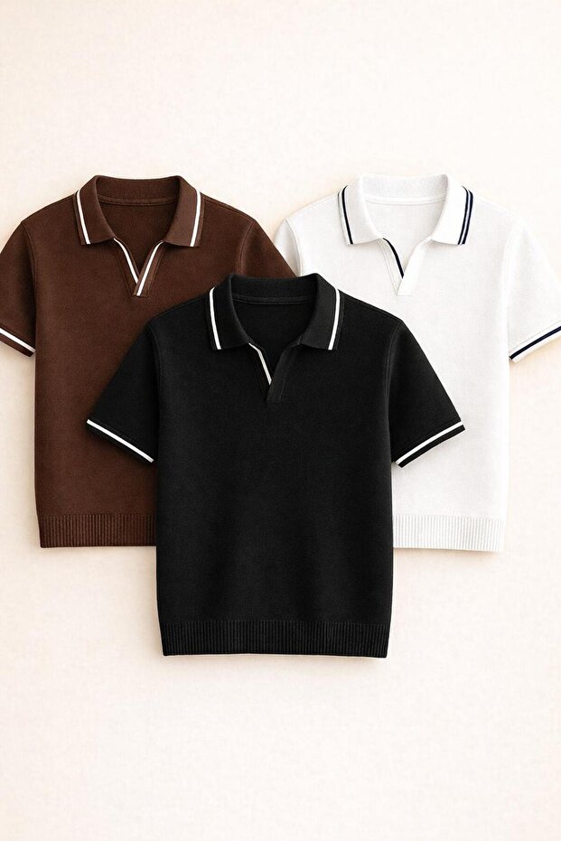 3'lü Premium yaka detaylı Örme Triko Tshirt - 1