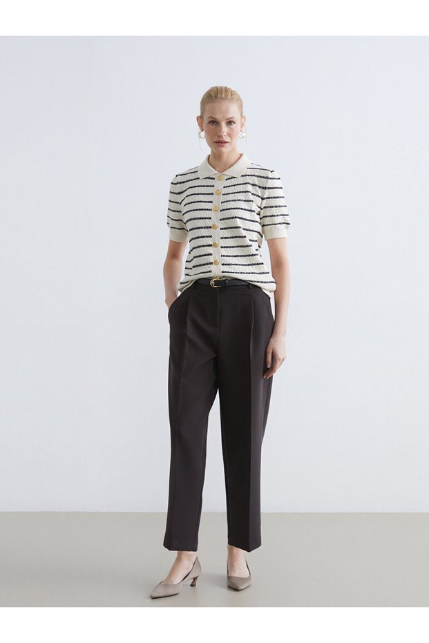Trendlucky Cigarette Women's Pleated Pants with Belt in the Waist with a Difference in Color