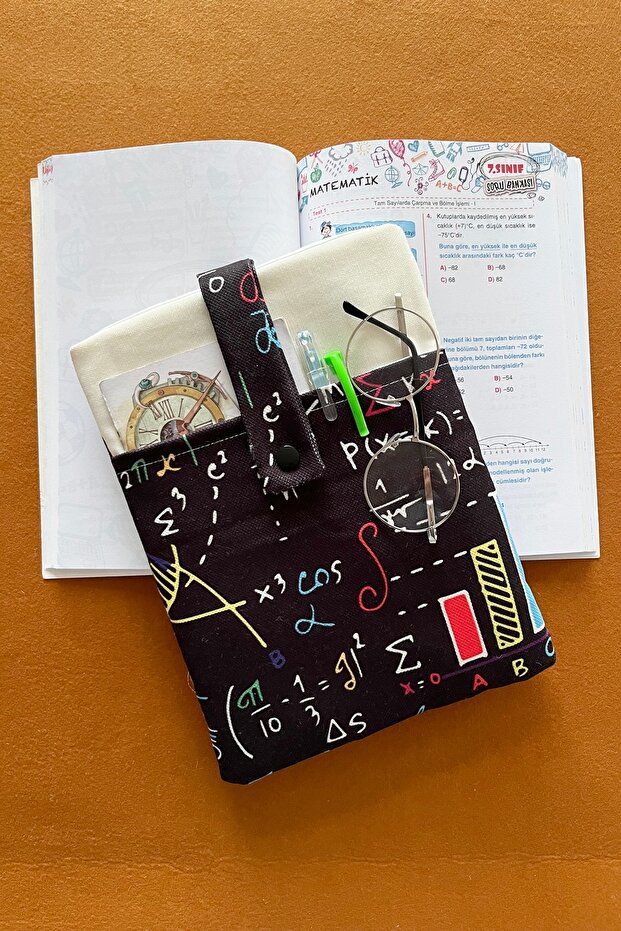 Linen Book Cover with Pockets, Mathematics Patterned Book Lover Gift