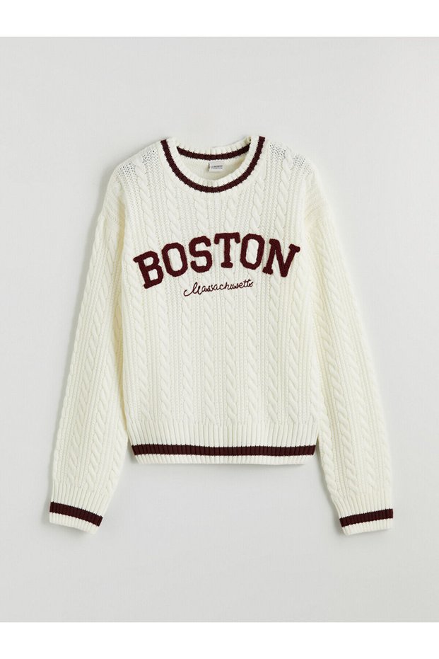 Özmarka New Season Crew Neck Embroidered Girls' Knitwear Sweater
