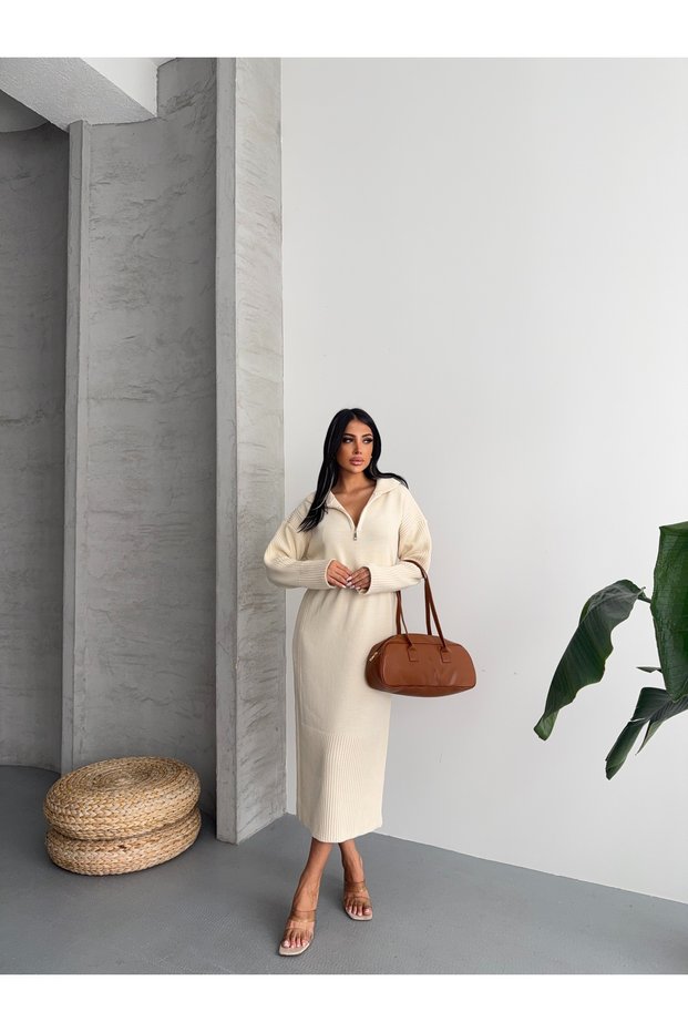 Women's Zippered Ribbed Detailed Knitwear Dress