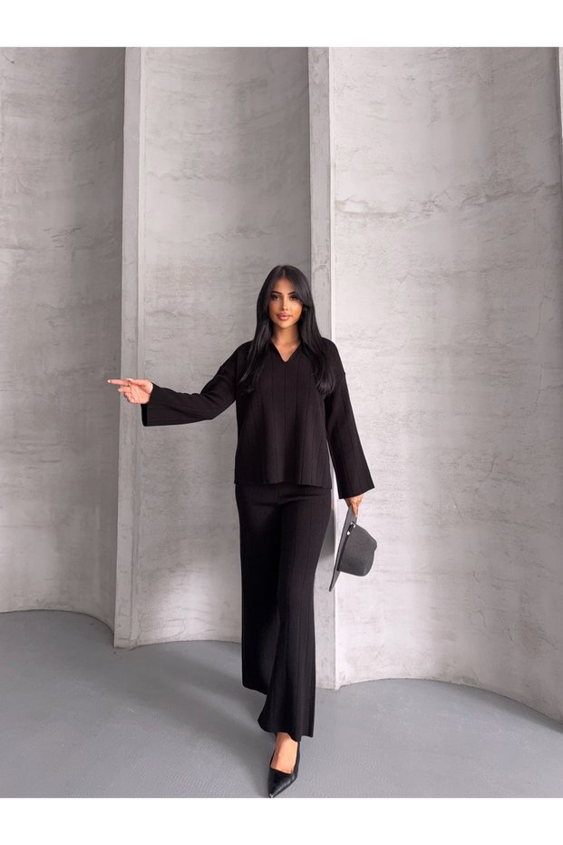 Women's Polo Neck Corded Fabric Bottom-Top Knitwear Set