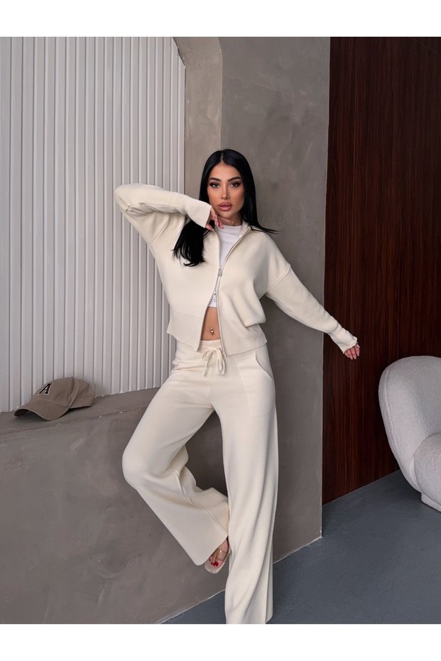 Women's Half Turtleneck Double Zipper Pocket Knitwear Set