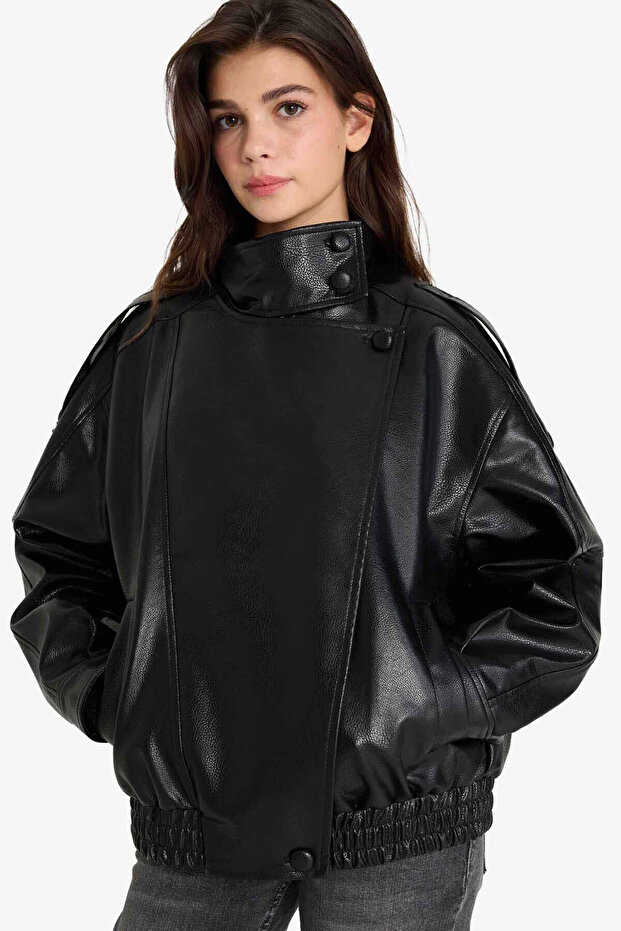 Water Repellent Dad Fit Stand Collar Zippered Faux Leather Jacket G4994Ax26Sp