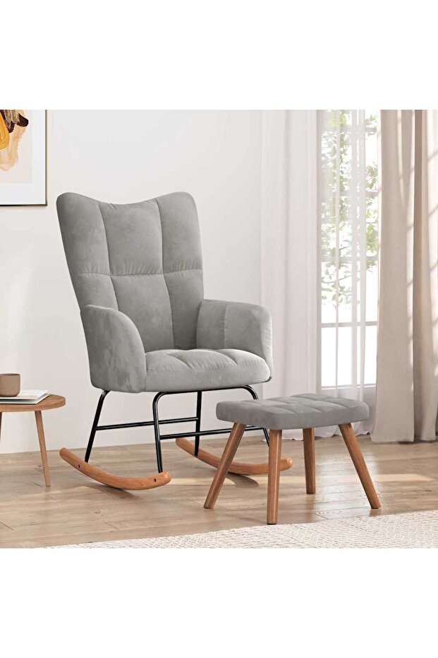 Rocking Chair with a Stool Light Grey Velvet
