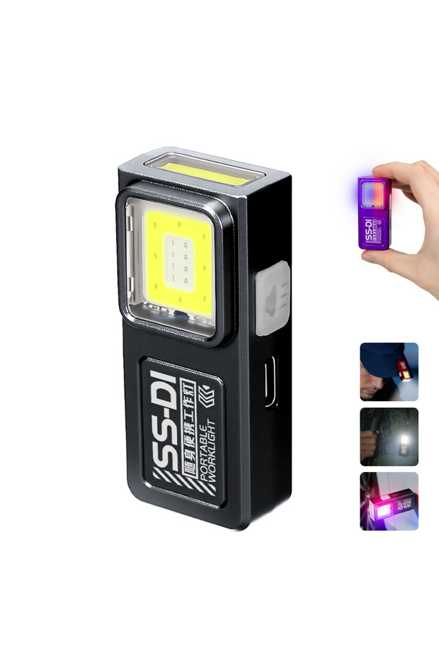 مصباح يدوي صغير قوي بتقنية LED COB، يُعلق على سلسلة المفاتيح، قابل لإعادة الشحن عبر منفذ USB، مقاوم للماء