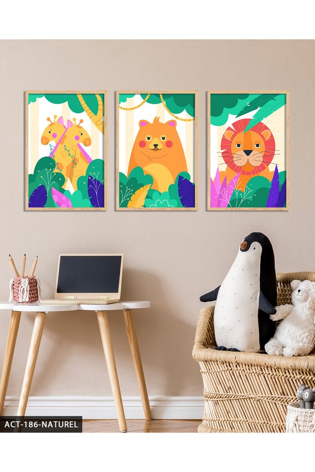 Cute Animals 3 Piece Wooden Framed Painting Act