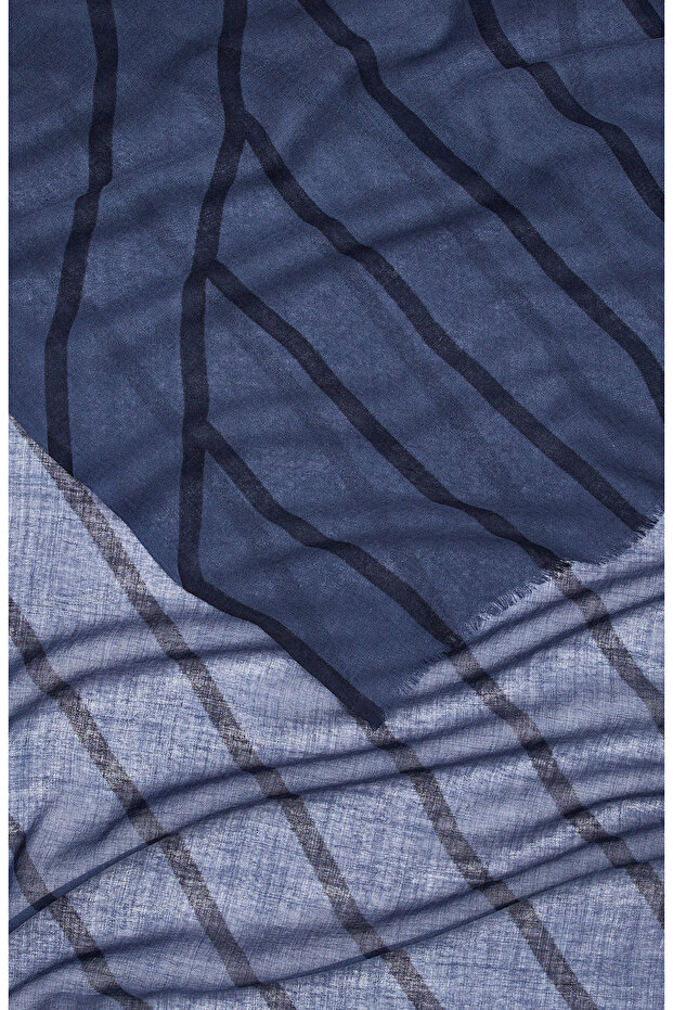 Mavi Çizgili Yün Şal - 3