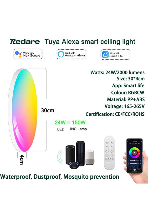 Alexa Bluetooth WiFi Smart LED Ceiling Light, 30cm, Dimmable Design, Ceiling Mount - 2