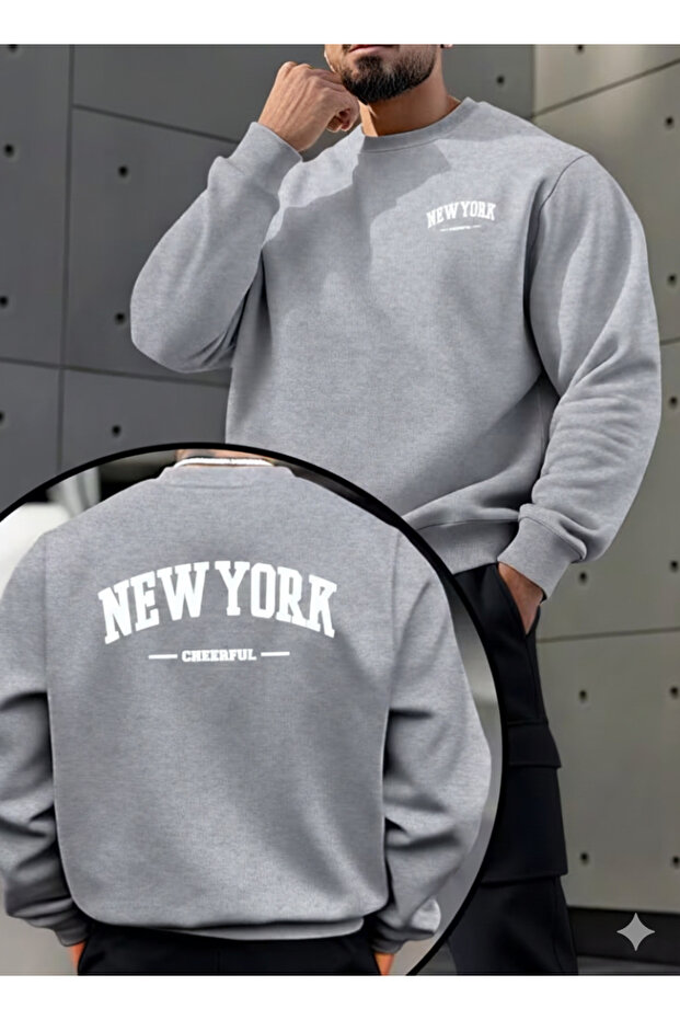 Men's Newyork Printed Crew Neck Black Gray Oversized Sweatshirt