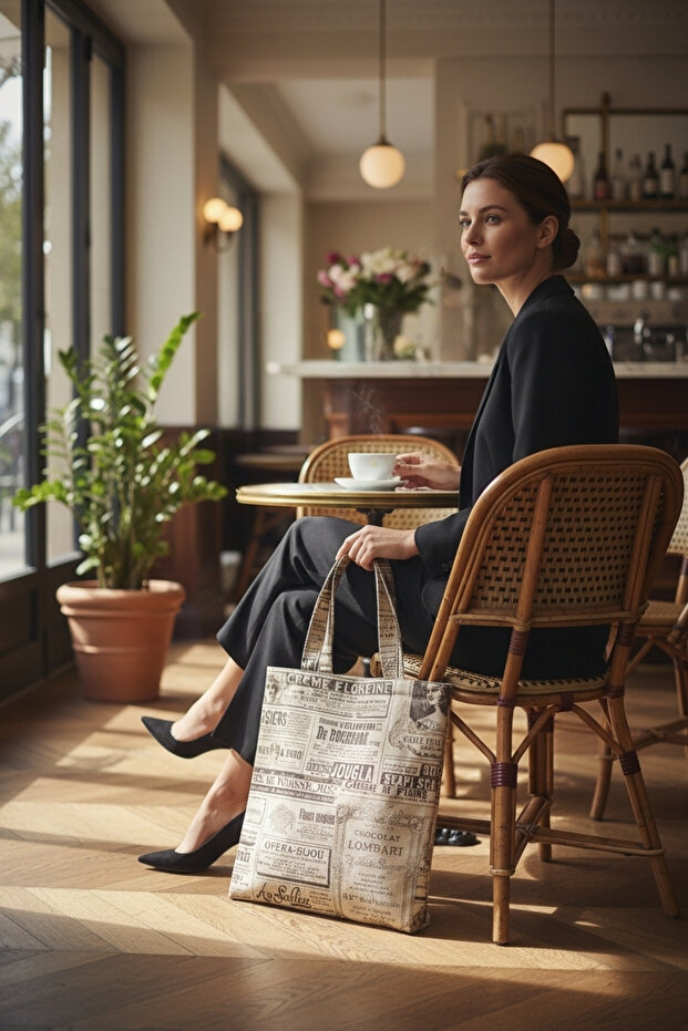 Beige Newspaper Patterned Cloth Bag – Typographic Pattern Design - 8