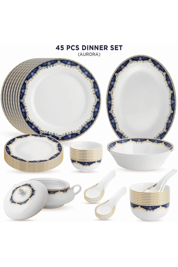 Aurora Collection 45 Pcs Dinner Set Real Gold Plated