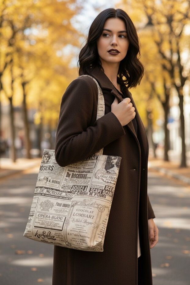 Beige Newspaper Patterned Cloth Bag – Typographic Pattern Design - 5