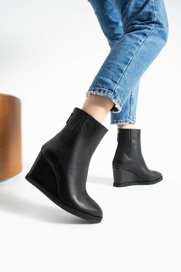 Women's Genuine Leather Wedge Heel Boots Black