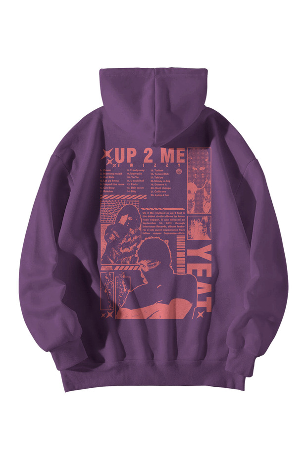 Unisex Purple Oversized Hoodie - Yeat up 2 Me Printed 3 Thread Ş Fleece-Lined Streetwear Sweatshirt
