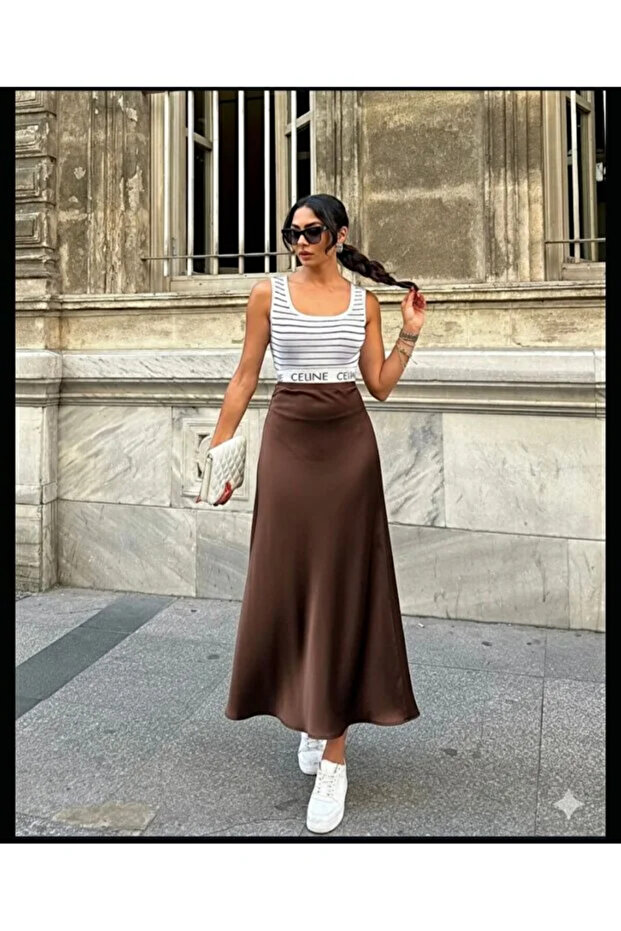 Women's Verev Cut Draped Satin Skirt Brown 2818