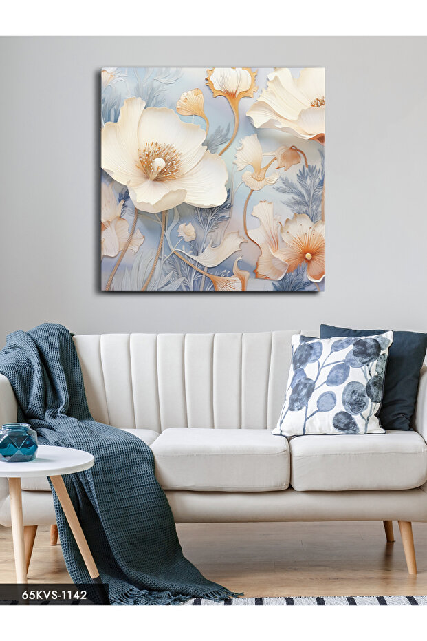 White Flower with Blue Petals One Piece Square Canvas - Canvas Painting