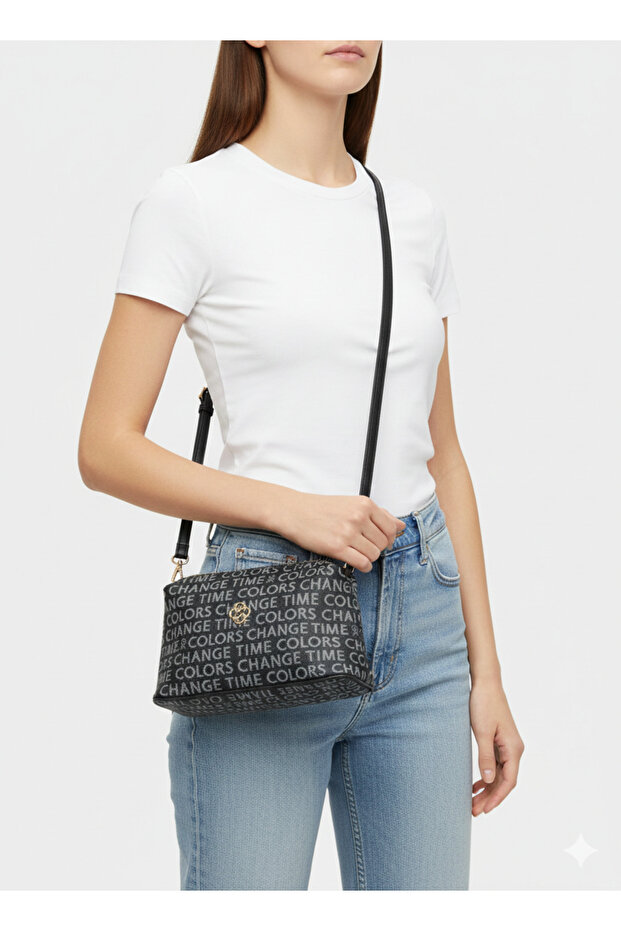 Black Writing Printed Crossbody Bag