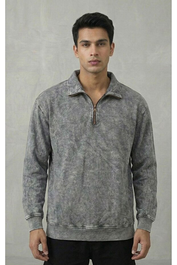 Washable Zippered Polo Neck Sweatshirt