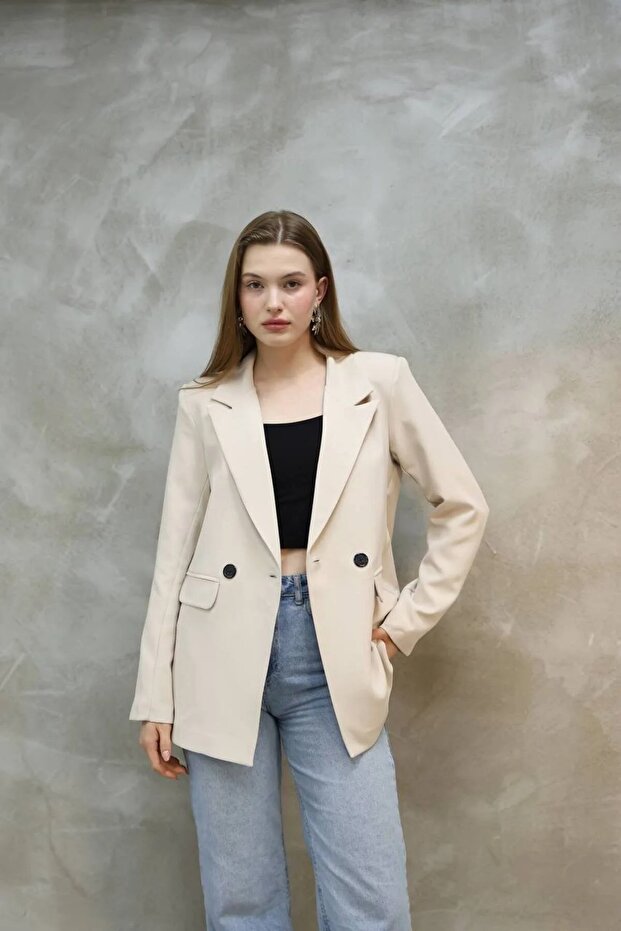 Khaki Single Button Oversized Blazer Jacket - 3