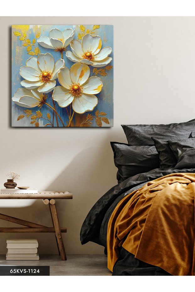 White Flower with Gold Leaves One Piece Square Canvas - Canvas Painting
