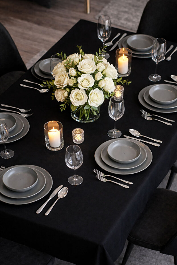 مفرش طاولة أسود مقاوم للبقع، متين، بسيط وأنيق لتزيين المائدة - 2