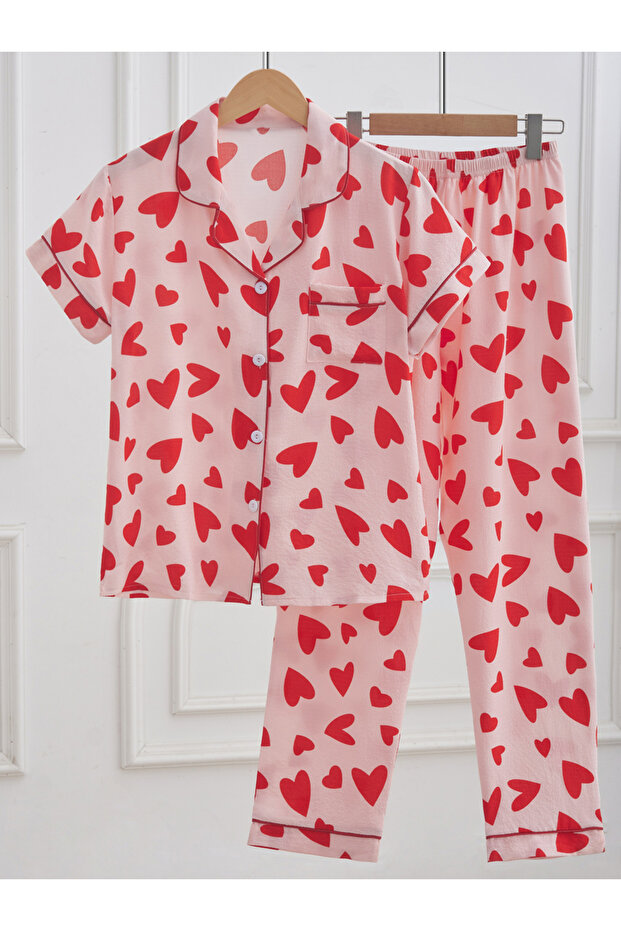 Women Heart Print Shirt and Pyjama Set
