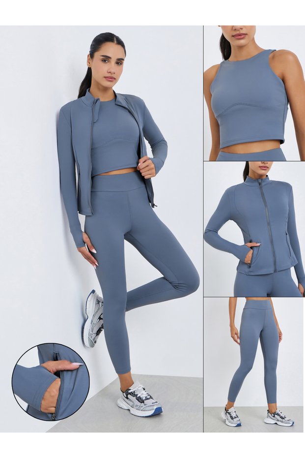 Pack of 3 - Low Back Sports Bra, Zip-Up Jacket and Leggings