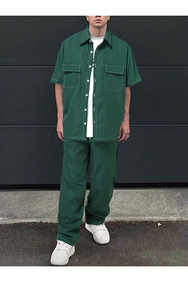 Men Dark Green Short Sleeve Shirt and Trousers Co-Ords
