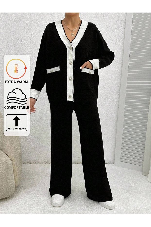 V-Neck Striped Button-Down Knitwear Set