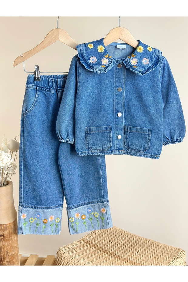 Flower Embroidered Denim Shirt and Pants Set