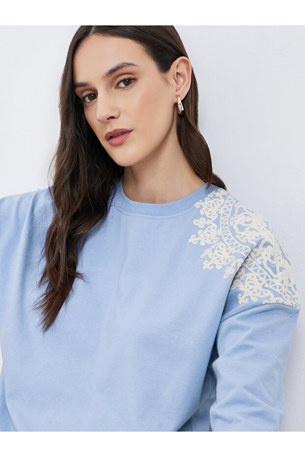 Women Light Blue Placement Flocked Oversized T-Shirt