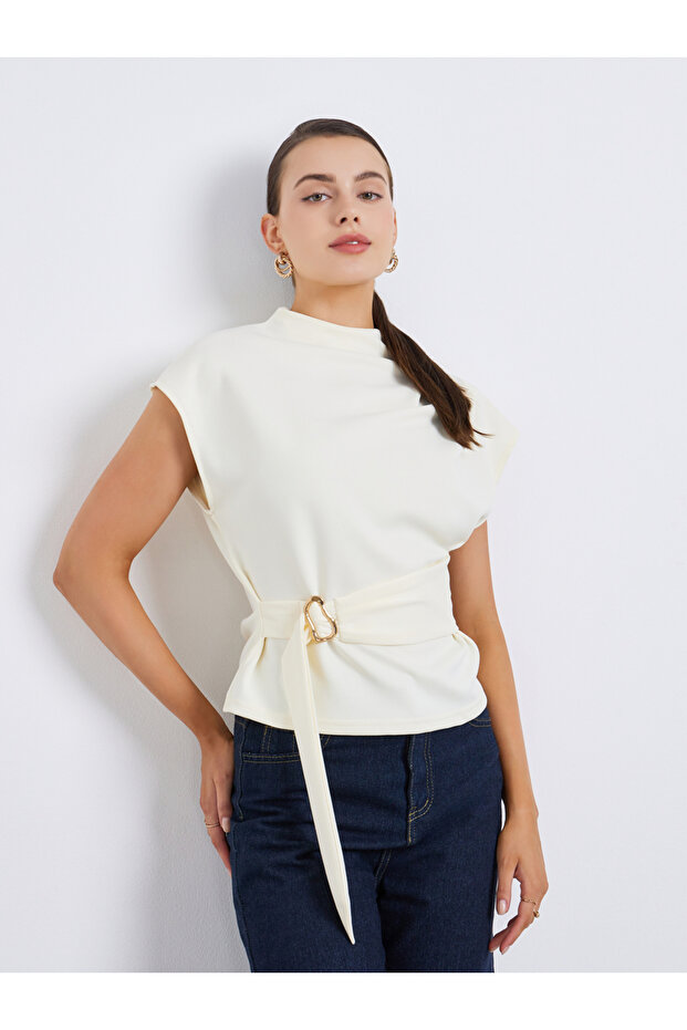 Women Off-White Blouse with Belt Detail