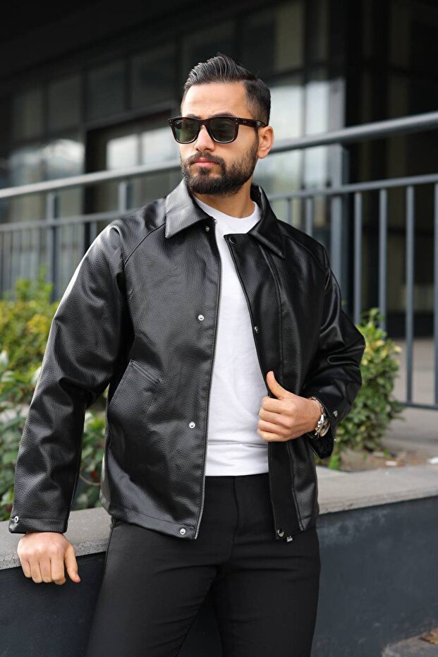 Premium Geniş Spatlı Oversize Carbon Deri Ceket - 3