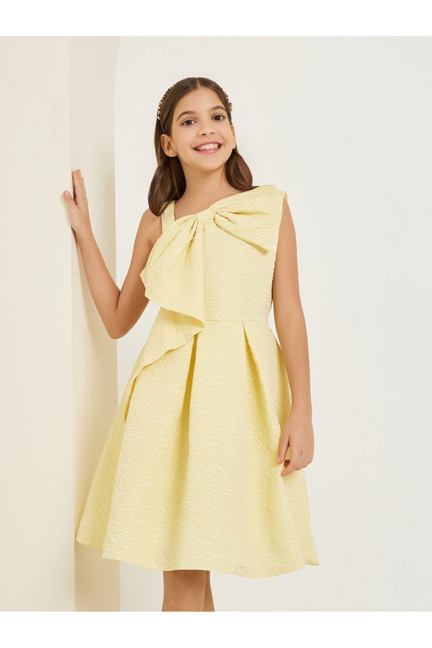 Girls Yellow Sleeveless Pleated Dress with Bow Detail