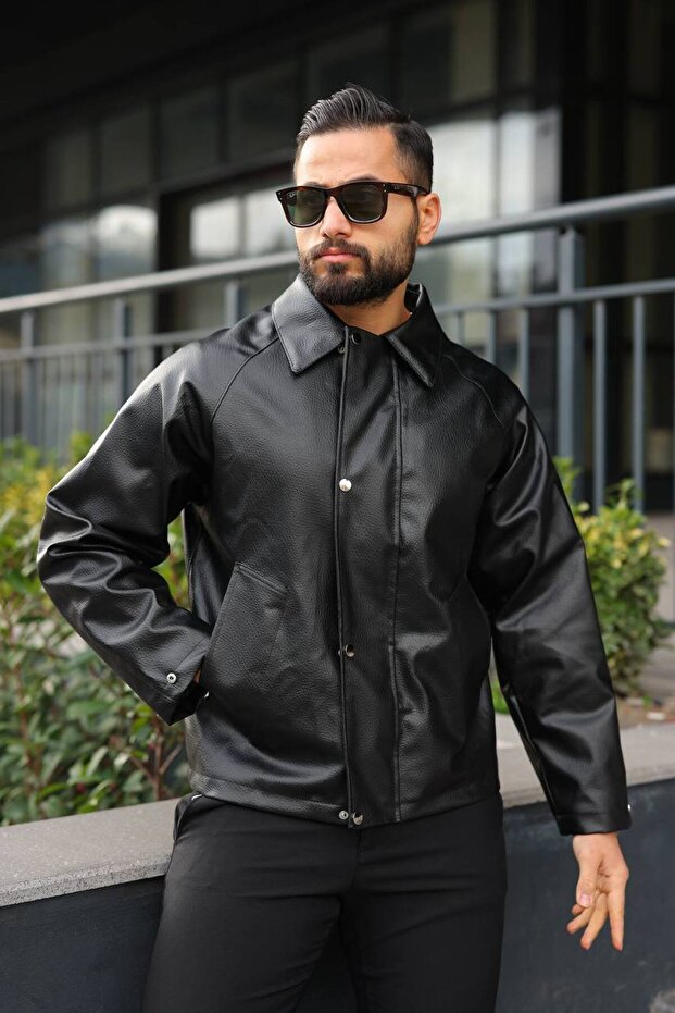 Premium Geniş Spatlı Oversize Carbon Deri Ceket - 2