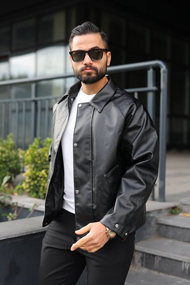 Premium Geniş Spatlı Oversize Carbon Deri Ceket - 1