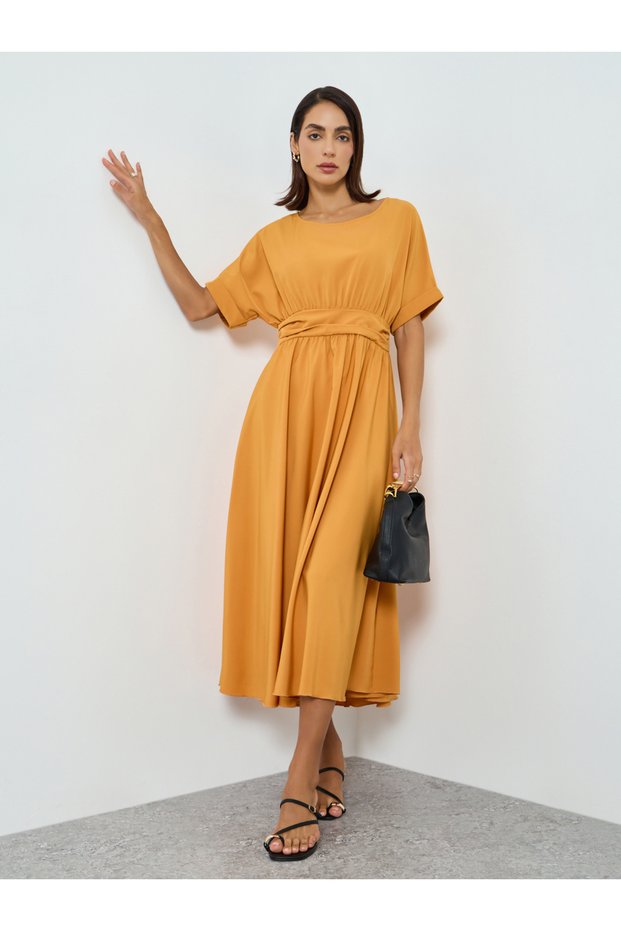 Women Yellow Round Neck Fitted Waist Maxi Dress