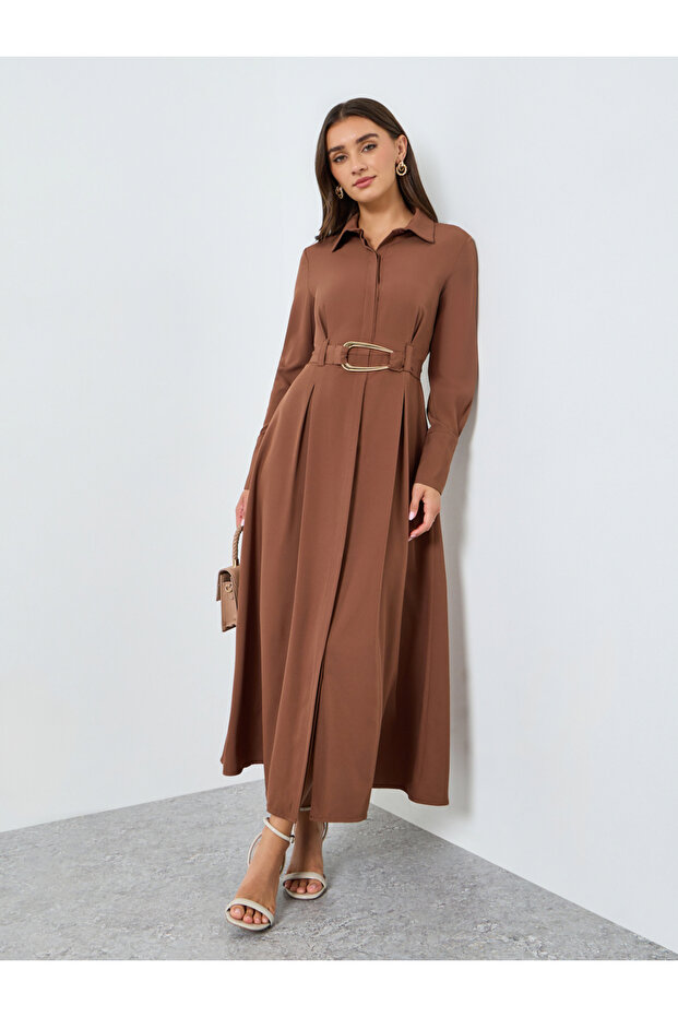 Women Brown Belted A-Line Midi Dress