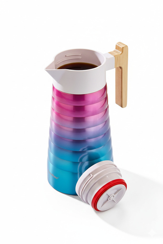 2 Liter Steel Thermos with Bamboo Handle Blue Pink