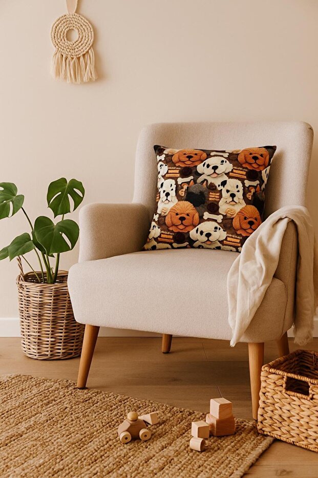 3D Embroidery Effect Cute Dogs Patterned Kids & Baby Throw Pillow Cover 43X43