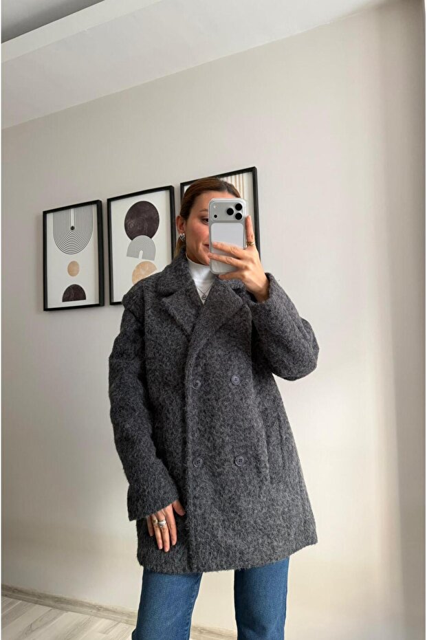Four Button Anthracite Jacket - Oversized - Curly Plush - 3
