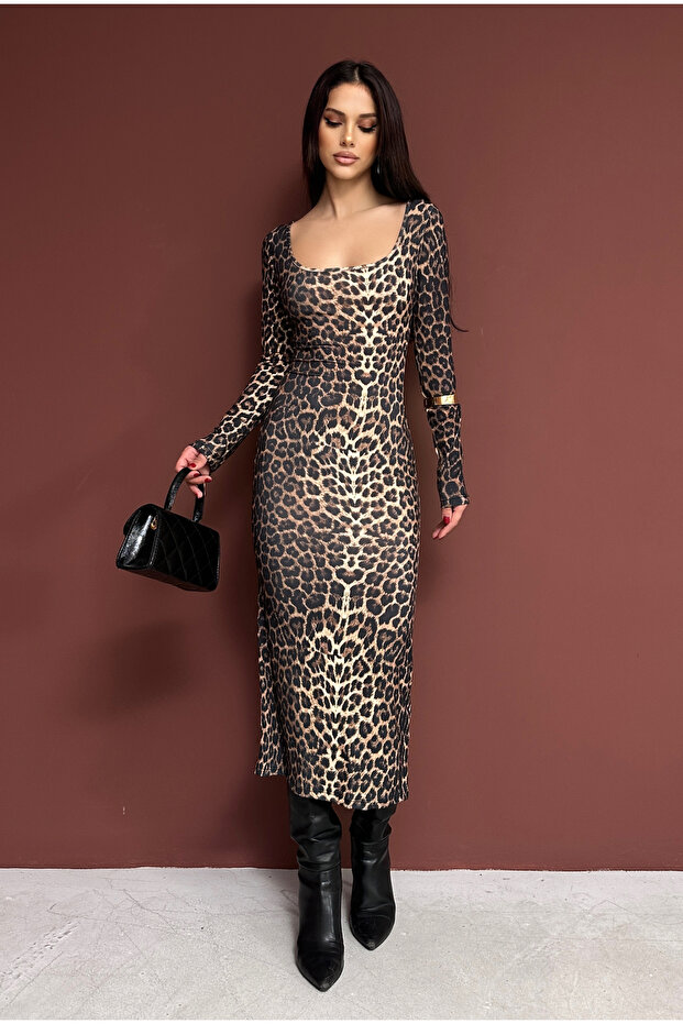 Women's Leopard Print Square Neck Long Sleeve Midi Dress