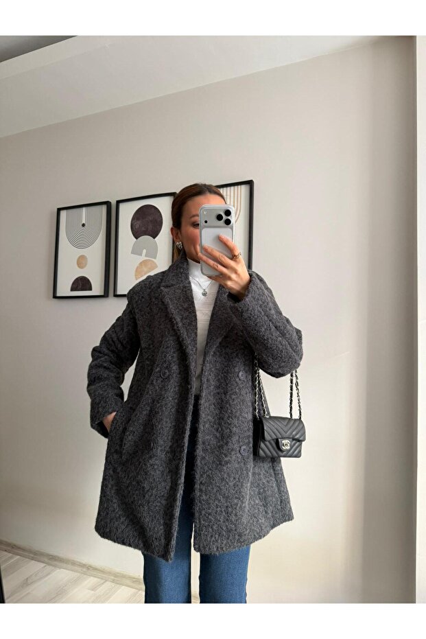 Four Button Anthracite Jacket - Oversized - Curly Plush - 2