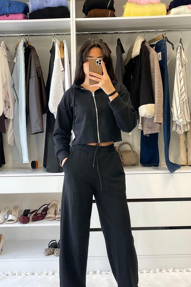 Double-Breasted Jacket with Bell Cuffs and Wide Leg Trousers - Black Black
