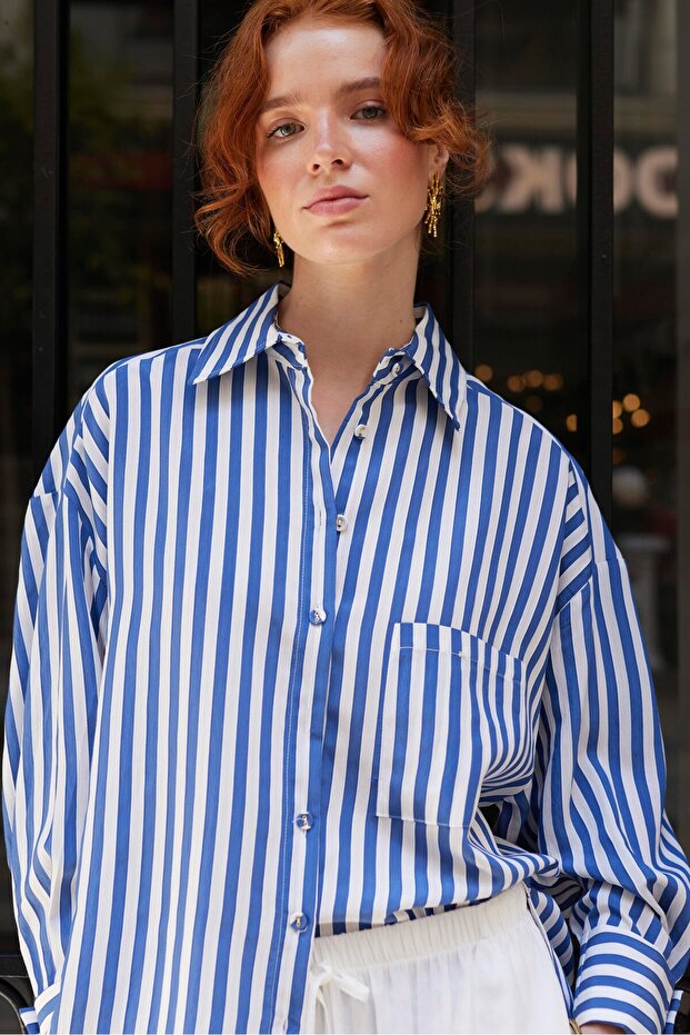Women's White- Cobalt Striped Shirt Per4969